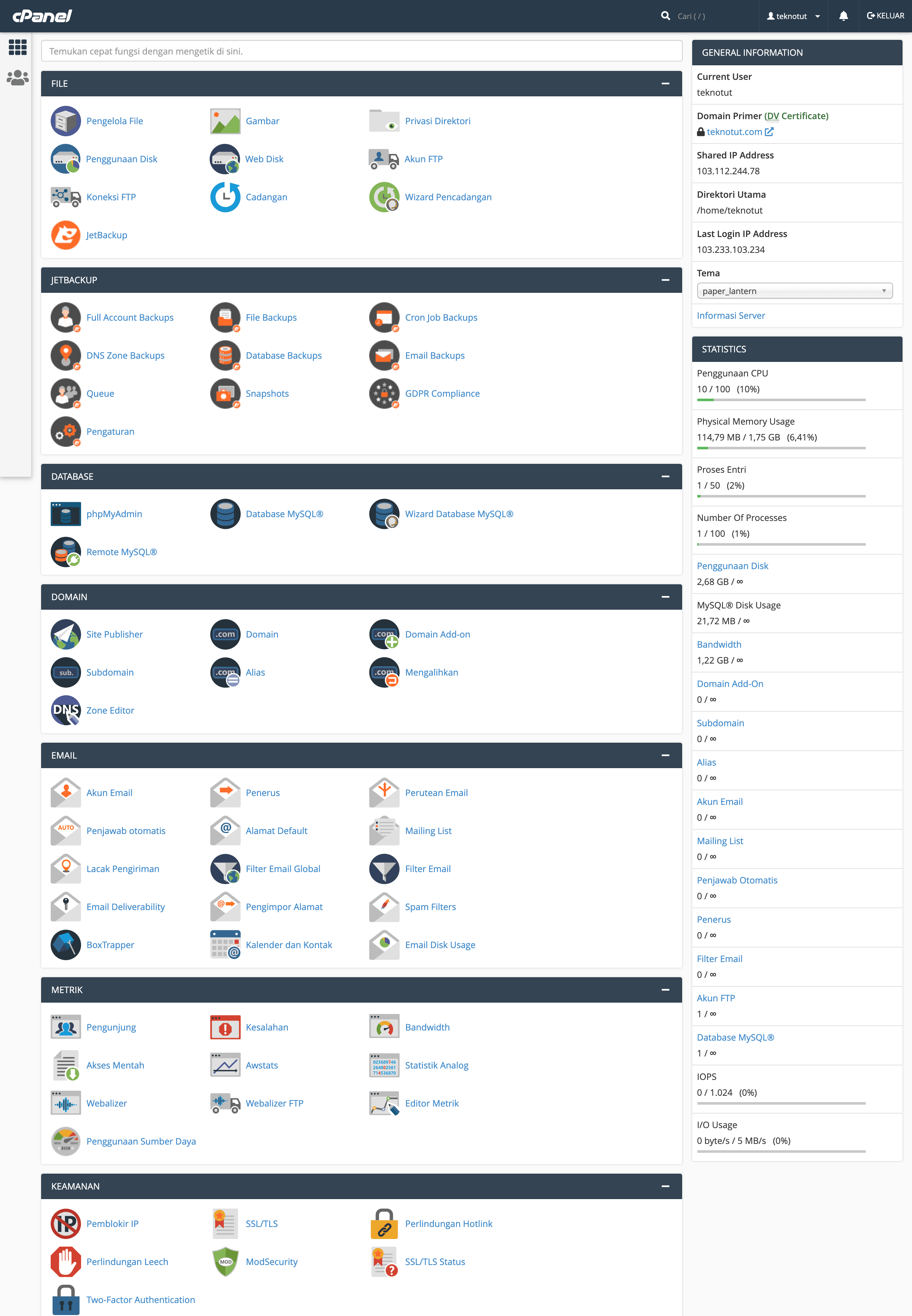 cPanel untuk mengelola hosting